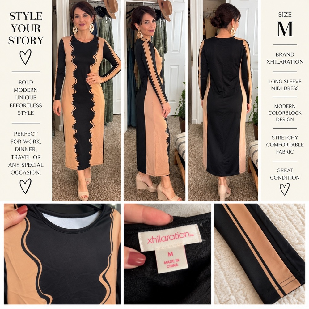 Xhilaration Black and Tan Wavy Colorblock Midi Dress